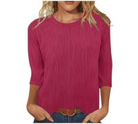 3/4 Sleeve T Shirts for Women UK Trendy Textured Summer Tops Business Casual Blouse Round Neck Tunic Tops Loose Fit T-Shirt Ladies Shirts Clearance Spring and Summer Basic Tee Shirts UK Size 8-16