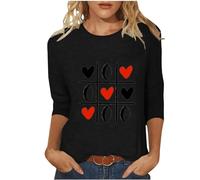 3/4 Sleeve T Shirts for Women UK Valentine's Day Women's Tops Funny Heart Board Graphic Tunic Tops Blouse Crewneck Casual Pullover Tops Elegant Party Love Pattern Tee Shirts Black M
