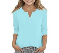 3/4 Sleeve T Shirts Summer Casual Henley Shirts V Neck Half Button Down Gauze Tops Teens Lightweight Loose Fit Beach Blouses Soft Tees Solid Color Breathable Cotton Tunics 2026 Trendy Easter Clothes