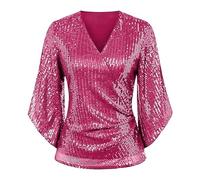 3/4 Sleeve Tops for Women 2024 Trendy Bell Sleeves Front Crossover V-Neck Tunic Shirts Fashion Sequin Sparkly Club Party Top(Hot Pink,X-Large)