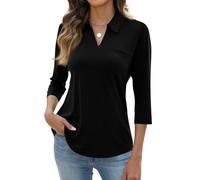 3/4 Sleeve Tops for Women Summer T Shirt Casual Soft Work-Out Solid with Pocket T Shirts Cotton Cozy Lapel Top Black S