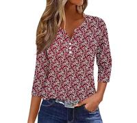 3/4 Sleeve Tops for Women Uk Button Down Pattern Print Three Quarter Sleeve Tops V Neck Henley Shirt Elegant Casual Tops Stylish Going Out Tops Loose Fit Ladies Tops Daily Shirt Tunic Tops