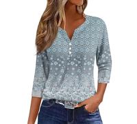 3/4 Sleeve Tops for Women Uk Button Down Pattern Print Three Quarter Sleeve Tops V Neck Henley Tops Loose Fit Going Out Tops Elegant Oversized T Shirts Stylish Basic T Shirt Outdoor Tops Tunic Tops