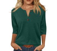 3/4 Sleeve Tops for Women UK Button Up Blouse V Neck Ladies Top Basic Casual Tunic Work Tee Going Out T Shirt Summer Sweatshirt Dark Green XL 152