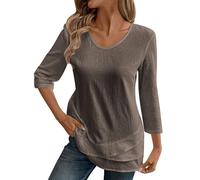 3/4 Sleeve Tops for Women UK Casual Blouses Cotton Linen Top Crew Neck Tunic Tops Ladies Baggy Solid Loose Shirts Lounge T-Shirts Daily Shirt Summer Top Fasion Trendy Spring Blouses Brown
