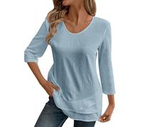 3/4 Sleeve Tops for Women UK Casual Blouses Cotton Linen Top Crew Neck Tunic Tops Ladies Baggy Solid Loose Shirts Lounge T-Shirts Daily Shirt Summer Top Fasion Trendy Spring Blouses Sky Blue
