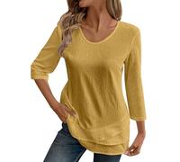 3/4 Sleeve Tops for Women UK Casual Blouses Cotton Linen Top Crew Neck Tunic Tops Ladies Baggy Solid Loose Shirts Lounge T-Shirts Daily Shirt Summer Top Fasion Trendy Spring Blouses Yellow