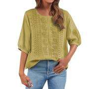 3/4 Sleeve Tops for Women UK Cotton Linen Ladies Tunic Top Womens Embroidery Floral Boho Summer Blouses Dressy Casual Elegant Chiffon Blouse Tshirts Retro Elbow Length T Shirts