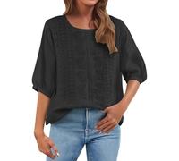 3/4 Sleeve Tops for Women UK Cotton Linen Ladies Tunic Top Womens Embroidery Floral Boho Summer Blouses Dressy Casual Elegant Chiffon Blouse Tshirts Retro Elbow Length T Shirts Women B-Black
