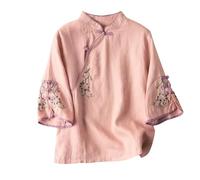 3/4 Sleeve Tops for Women UK Cotton Linen Tee Tops Embroidery Shirt Women Vintage Cheongsam Top Hanfu Chinese Traditional Tang Suit Zen Tea Button Up Blouses Ladies Elegant Oversized Shirts