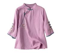 3/4 Sleeve Tops for Women UK Cotton Linen Tee Tops Embroidery Shirt Women Vintage Cheongsam Top Hanfu Chinese Traditional Tang Suit Zen Tea Button Up Blouses Ladies Elegant Oversized Shirts