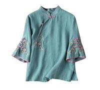 3/4 Sleeve Tops for Women UK Cotton Linen Tee Tops Embroidery Shirt Women Vintage Cheongsam Top Hanfu Chinese Traditional Tang Suit Zen Tea Button Up Blouses Ladies Elegant Oversized Shirts