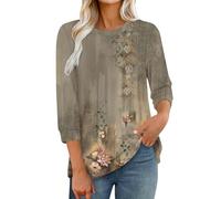 3/4 Sleeve Tops for Women UK Dressy Casual Floral Printed Relaxed Fit Crew Neck Elbow Length T Shirts Tee Shirt Ladies Tunic Top Elegant Three Quarter Sleeve Petite Tops Office Work Blouses