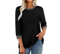 3/4 Sleeve Tops for Women UK Dressy Casual Printed Relaxed Fit Basic Tee Shirt Three Quarter Sleeve Petite Tops Blouses Office Work Elegant Ladies Tunic Top Crew Neck Elbow Length T Shirts Black