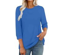3/4 Sleeve Tops for Women UK Dressy Casual Printed Relaxed Fit Crew Neck Elbow Length T Shirts Basic Tee Shirt Three Quarter Sleeve Petite Tops Blouses Ladies Tunic Top Office Work Elegant Blue