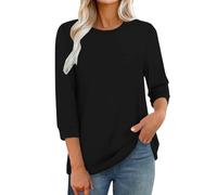3/4 Sleeve Tops for Women UK Dressy Casual Printed Relaxed Fit Crew Neck Elbow Length T Shirts Basic Tee Shirt Office Work Elegant Blouses Ladies Tunic Top Three Quarter Sleeve Petite Tops Black