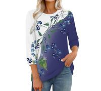 3/4 Sleeve Tops for Women UK Dressy Casual Printed Relaxed Fit Crew Neck Elbow Length T Shirts Blouses Three Quarter Sleeve Petite Tops Ladies Tunic Top Office Work Elegant Basic Tee Shirt Dark Blue