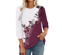 3/4 Sleeve Tops for Women UK Dressy Casual Printed Relaxed Fit Crew Neck Elbow Length T Shirts Blouses Three Quarter Sleeve Petite Tops Ladies Tunic Top Basic Tee Shirt Office Work Elegant Hot Pink