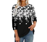 3/4 Sleeve Tops for Women UK Dressy Casual Printed Relaxed Fit Crew Neck Elbow Length T Shirts Ladies Tunic Top Basic Tee Shirt Three Quarter Sleeve Petite Tops Office Work Elegant Blouses