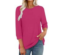 3/4 Sleeve Tops for Women UK Dressy Casual Printed Relaxed Fit Crew Neck Elbow Length T Shirts Office Work Elegant Basic Tee Shirt Three Quarter Sleeve Petite Tops Ladies Tunic Top Blouses Hot Pink
