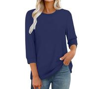 3/4 Sleeve Tops for Women UK Dressy Casual Printed Relaxed Fit Crew Neck Elbow Length T Shirts Office Work Elegant Ladies Tunic Top Three Quarter Sleeve Petite Tops Basic Tee Shirt Blouses Navy