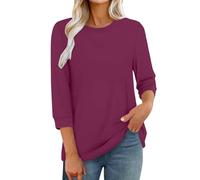3/4 Sleeve Tops for Women UK Dressy Casual Printed Relaxed Fit Crew Neck Elbow Length T Shirts Office Work Elegant Blouses Basic Tee Shirt Ladies Tunic Top Three Quarter Sleeve Petite Tops Red