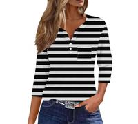 3/4 Sleeve Tops for Women UK Dressy Casual Summer Work Blouses Tunic Top Elegant Floral Printed Fall Ladies Tops Three Quarter Sleeve T-Shirt Elbow Length Summer T Shirts Henley Button Up Top Black