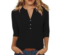 3/4 Sleeve Tops for Women UK Elegant Floral Printed Fall Ladies Tops Henley Button Up Top Dressy Casual Summer Work Blouses Elbow Length Summer T Shirts Three Quarter Sleeve T-Shirt Tunic Top Black