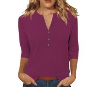 3/4 Sleeve Tops for Women UK Elegant Floral Printed Fall Ladies Tops Three Quarter Sleeve T-Shirt Tunic Top Henley Button Up Top Dressy Casual Summer Work Blouses Elbow Length Summer T Shirts Wine