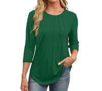 3/4 Sleeve Tops for Women UK Elegant Pleated Vintage Print Basic Tee Shirts Womens Crew Neck Solid Color Loose Casual Dressy Tunic Top Longline long Tops To Wear With Leggings 2025 (A1-Green, L)