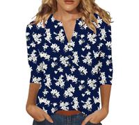 3/4 Sleeve Tops for Women UK Henley Button Up Top Three Quarter Sleeve T-Shirt Elegant Floral Printed Fall Ladies Tops Elbow Length Summer T Shirts Dressy Casual Summer Work Blouses Tunic Top