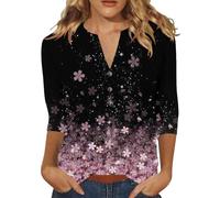 3/4 Sleeve Tops for Women UK Henley Button Up Tops Elegant Floral Printed Ladies Fall Tunic Top Dressy Casual Summer Work Blouses Three Quarter Sleeve T-Shirts Elbow Length Summer T Shirts