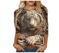 3/4 Sleeve Tops for Women UK Lightweight Ladies Top Winter Autumn Tunics Tiger Print Tee Shirts for Women UK Crewneck Womens Blouse Casual Loose Womens T-Shirts Work Going Out Tops Fall Outfits