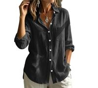 3/4 Sleeve Tops for Women UK - Oversized Cotton Linen Shirts, Button Down Summer Blouse with Pocket, Oversized Shirts Ladies Tunic Tops, Baggy Elegant Tunic Loose Flowy Tees for Casual A Black