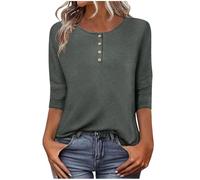 3/4 Sleeve Tops for Women UK Plain T Shirts Casual Crew Neck Button Up Henley Tunic Tops Lightweight Elegant Three Quarter Sleeve Tshirts Loose Basic Tees Ladies Top Size 8-16