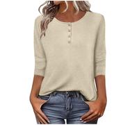 3/4 Sleeve Tops for Women UK Plain T Shirts Casual Crew Neck Button Up Henley Tunic Tops Lightweight Elegant Three Quarter Sleeve Tshirts Loose Basic Tees Ladies Top Size 8-16 Khaki