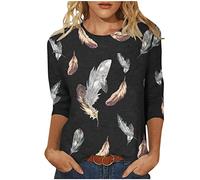 3/4 Sleeve Tops for Women UK Sale Clearance,Feather Print T-Shirt Ladies Elegant Cute Party Summer Tee Shirts Crew Neck Workout Basic Shirt Three Quarter Sleeve Blouse Pull On Tunic Top