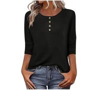 3/4 Sleeve Tops for Women UK Sale Clearance Plain T Shirts Casual Crew Neck Button Up Henley Tunic Tops Lightweight Elegant Three Quarter Sleeve Tshirts Loose Basic Tees Ladies Top Size 8-16 Black