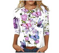3/4 Sleeve Tops for Women UK Sale,T Shirts Ladies Elegant Floral Print Party Cute Summer Tee Shirts Crew Neck Workout Basic Shirt Three Quarter Loose Fit Blouses Pullover Tunic Tops