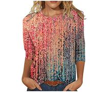 3/4 Sleeve Tops for Women UK,T Shirts Ladies Elegant Floral Print Party Cute Summer Tee Shirts Crew Neck Workout Basic Shirt Three Quarter Loose Fit Blouses Pullover Tunic Tops