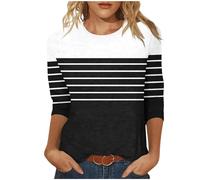 3/4 Sleeve Tops for Women UK Trendy Colour Blocked Ladies Blouses with Horizontal Stripes Women's Classic Casual Crew Neck T-Shirts Comfy Lounge Regular Fit Tops