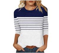 3/4 Sleeve Tops for Women UK Trendy Colour Blocked Ladies Blouses with Horizontal Stripes Women's Classic Casual Crew Neck T-Shirts Comfy Lounge Regular Fit Tops