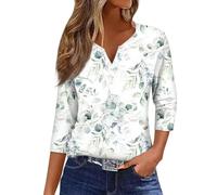 3/4 Sleeve Tops for Women Uk V Neck Floral Print Three Quarter Sleeve Tops Button Down Henley Shirt Elegant Outdoor Tops Loose Fit Going Out Tops Stylish Oversized T Shirts Tunic Tops Ladies Tops