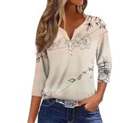 3/4 Sleeve Tops for Women Uk V Neck Floral Print Three Quarter Sleeve Tops Button Down Henley Shirt Loose Fit Ladies Tops Elegant Daily Shirt Stylish Tunic Tops Oversized T Shirts Basic T Shirt