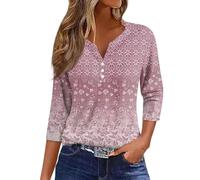3/4 Sleeve Tops for Women Uk V Neck Floral Print Three Quarter Sleeve Tops Button Down Henley Tops Elegant Basic T Shirt Loose Fit Summer Tops Stylish Tunic Tops Daily Shirt Casual Tops