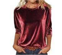 3/4 Sleeve Velvet Tops for Women UK Elegant Crew Neck Solid Blouse Casual Classic Three Quarter Sleeve Shirts Puff Lightweight Tops Ladies Slim Fit Blouses Autumn Clothes Watermelon Red