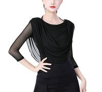3/4 Sleeve Women Draped Cowl Neck Tops Shirt for Latin Ballroom Salsa Waltz Tango Rumba Cha Cha Cha Pasodoble Dance Black