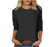 3/4 Sleeves Ladies Tops Solid Loose T-Shirt Round Neck Casual Three-quarter Length Sleeve Eyelet Tops Fashion Summer Basic Blouse Loose Fit Pullover Tunic Dressy Shirts Sale Clearance UK Size 8-18
