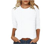 3/4 Sleeves Ladies Tops Solid Loose T-Shirt Round Neck Casual Three-quarter Length Sleeve Eyelet Tops Fashion Summer Basic Blouse Loose Fit Pullover Tunic Dressy Shirts Sale Clearance UK Size 8-18