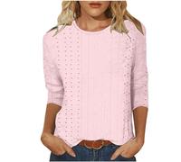 3/4 Sleeves Ladies Tops Solid Loose T-Shirt Round Neck Casual Three-quarter Length Sleeve Eyelet Tops Fashion Summer Basic Blouse Loose Fit Pullover Tunic Dressy Shirts Sale Clearance UK Size 8-18